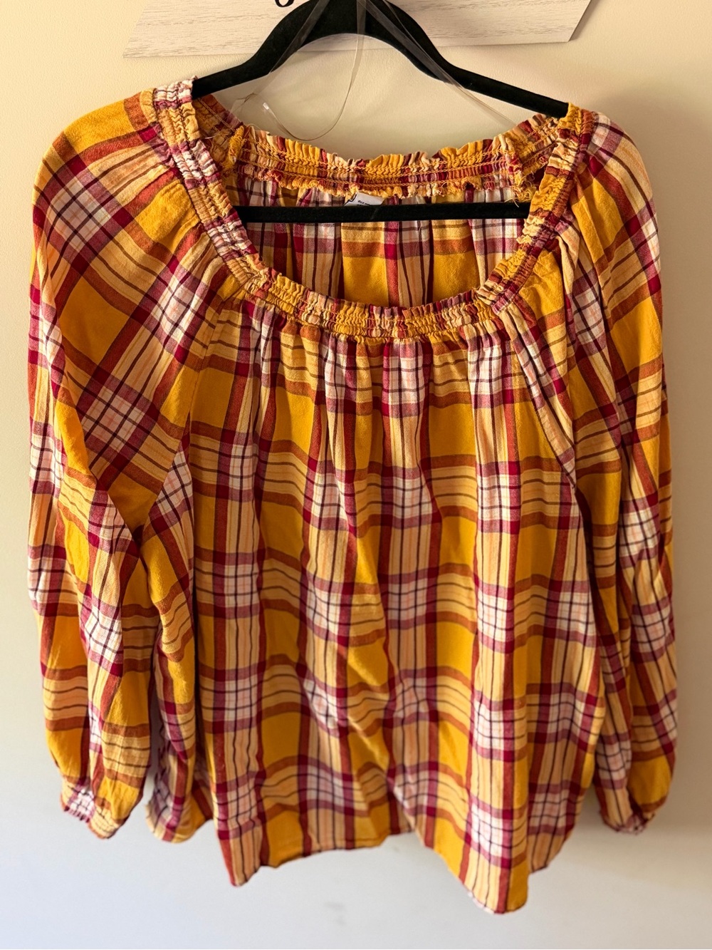 Old Navy Yellow Plaid Smocked-Neck Peasant Blouse